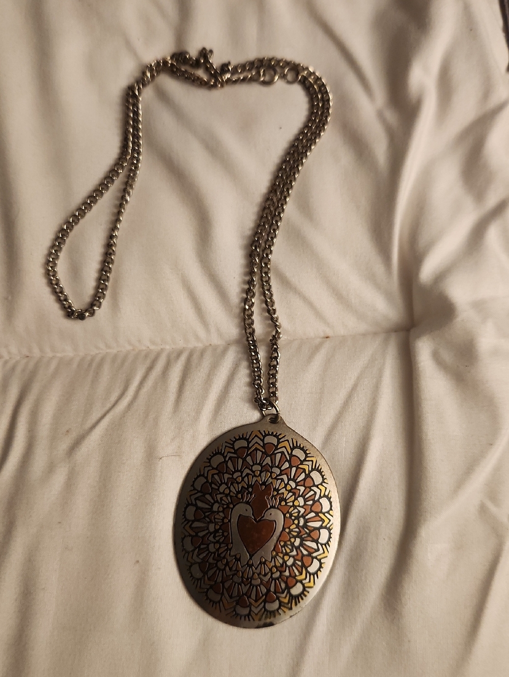 Oval Heart Mandala Pendant Necklace in Silver and Brown